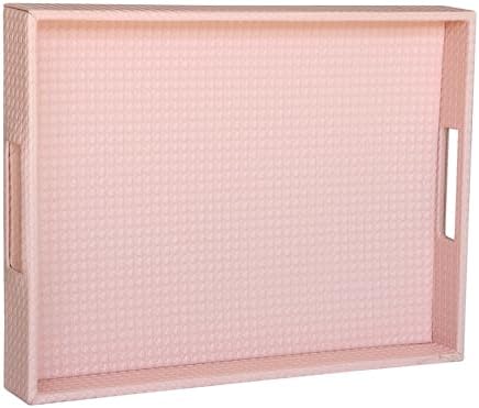 HofferRuffer Rectangle Serving Tray with Hole Handles for Coffee Table, Breakfast, Tea, Food, Butler - Countertop, Kitchen, Vanity Serve Tray, 16.2 x 12.2 x 2 inches, Faux Leather (Pink)
