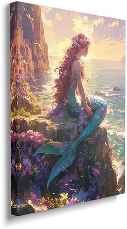 Mermaid Canvas Wall Art Ocean Pictures Mermaid Painting Coastal Prints Modern Artwork for Bathroom Living Room Bedroom Office Framed Wall Decor 20"x24"