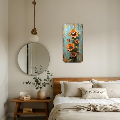 Rustic Clock for Bedroom 12 inch - Sunflower Wall Clock Battery Operated - Wooden Vintage Wall Clocks Silent Non Ticking for Office Kitchen Living Room Decor