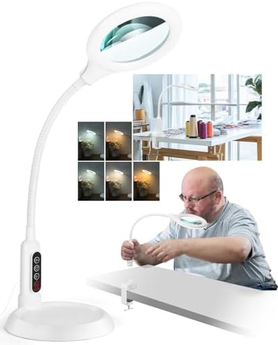 12X Magnifying Glass with Light and Stand, Real Glass, LED 5 Color Modes, Brightness Stepless Dimming Lighted Magnifier Hands Free, Flexible Gooseneck Desk Lamp with Clamp for Close Work, Craft, White