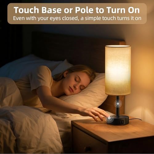 Table Lamp for Bedroom, High-Sensitivity Touch, AC Outlet, USB A+C