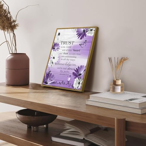 LB Purple Floral Wall Art for Bathroom Bible Verse on Vintage Grey Wood Framed Canvas Wall Art Wall Paintings Home Decor Daisy Wall Pictures for Living Room Bedroom Office Ready To Hang,12x17 Inch