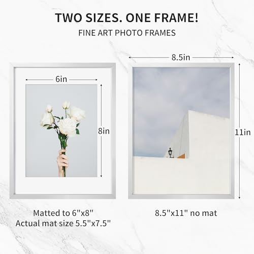 Fun Memories 8.5x11 Metal Picture Frame- 8.5x11 Aluminum Photo Frames with 6x8 Mat, High-Definition Plexiglass Front, and Hanging Hardware - Ideal for Wall or Tabletop Display (Silver, Pack of 3)