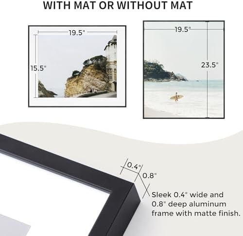 20x24 Metal Picture Frame with 16x20 Mat, Brushed Aluminum Finish, Tempered Glass Front, and Attached Hanging Hardware - Versatile Wall Display Frames for Vertical or Horizontal Orientation(Black,