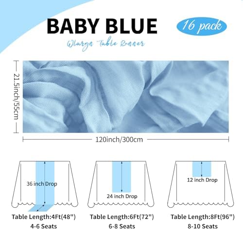 16 Pack Baby Blue Cheesecloth Table Runner 21.5 x 120 Inches Boho Gauze Table Runners 10FT Long Cheese Cloth Table Runner for Bridal Shower Baby Shower Birthday Party Wedding Decor