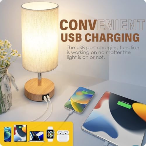 Yarra-Decor Bedside Table Lamp with USB Ports - Touch Control for Bedroom 3 Way Dimmable Nightstand Lamp with Round Fabric Shade for Living Room, Dorm, Home Office, Corded Electric, Without Battery