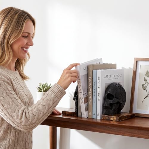 Skull Bookends, Heavy-Duty Gothic Skeleton Book Holder Set