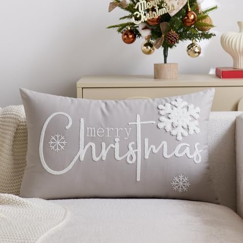 Merry Christmas Pillow Covers 12x20 Inch Embroidery Snowflake Xmas Decorative Lumbar Throw Pillow Cover Winter Holiday Pillow Case Cushion Cases for Sofa Couch Living Room Decorations Gray