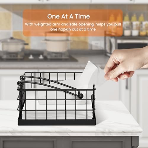 Homode Napkin Holders for Paper Napkins, Farmhouse Napkin Holder for Table, Flat Napkin Basket with Weighted Arm, Square Napkin Dispenser for Kitchen, Black