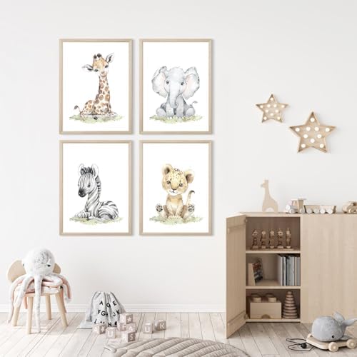 Safari Nursery Wall Art Decor Baby Animal Canvas Wall Art Woodland Nursery Wall Decor Kids Jungle Animal Pictures Safari Giraffe Elephant Tiger Prints for Room Bedroom Set of 4 8x10 Inch Wood Framed