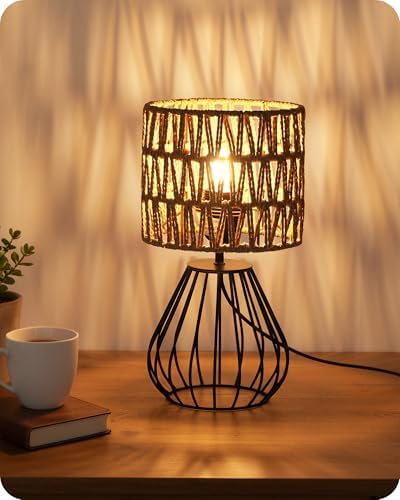Rattan Table Lamp, Boho Table Lamp, Small Bedside Lamp, Handwoven Paper Lampshade, 2700K LED Bulb Included, Boho Desk Lamp, Modern Nightstand Lamp for Bedroom, Living Room, HW06TL05
