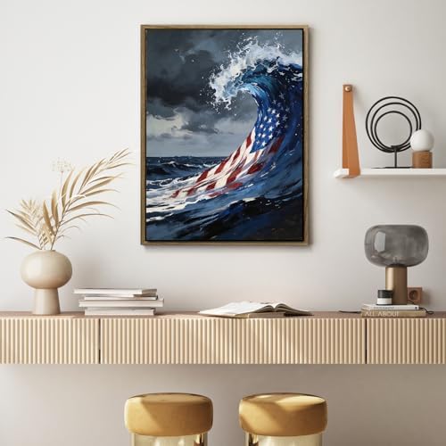 American Flag Framed Canvas Wall Art, 4th of July Patriotic Canvas Prints | USA Flag Ocean Waves Abstract Poster Print, Independence Day Wall Decor for Bedroom Living Room Office 11×14in