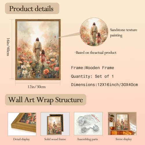 Jesus and the Girl Wall Art, Religious Jesus Painting Wall Decor Christ our Savior 3D Textured Hand Drawn Sandstone Christian Artwork for Living Prayer Room Bedroom 12x16 inch Wood Framed