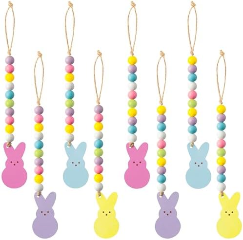 WATINC 8pcs Easter Wood Bead Garland with Tassels, Peeps Bunny Wooden Hanging Ornament Decoration, Double-Sided Colorful Rabbit Pendant Hang Decor with Rope for Easter Spring Holiday Party Tree Wall