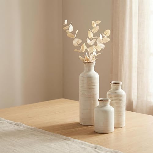 Vintage Ceramic Flower Vase Set of 3, Rustic Farmhouse Vase for Home Decor, Distressed Decorative Vase for Table Entryway Mantel Centerpiece Living Room Bathroom Bedroom (Linen Off-White)