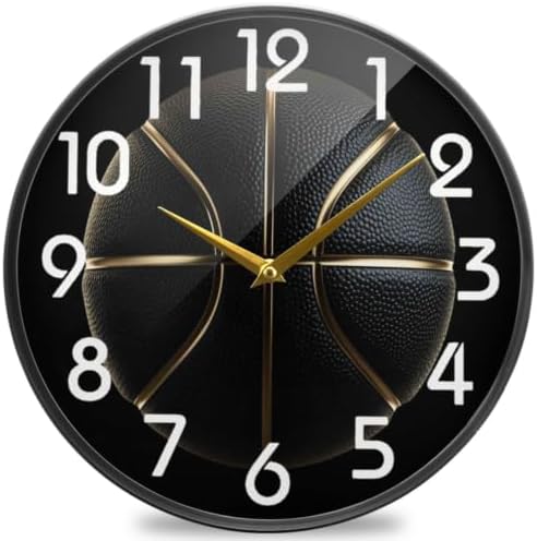 Naanle 3D Black Basketball with Gold Line Round Wall Clock, 9.5 Inch Silent Battery Operated Quartz Analog Quiet Desk Clock for Home,Office,School