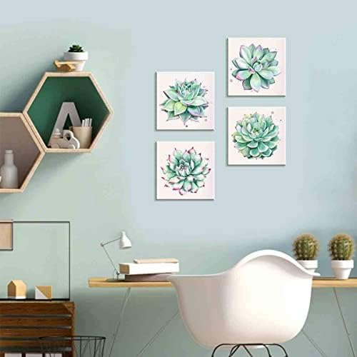 Succulent Wall Decor for Bathroom Mint Green Cactus Wall Art for Living Room Kitchen Accessories Nature Plant Wall Decor Tropical Botanical Leaf Canvas Pictures Bedroom Home Decorations 12x12" 4 Pcs