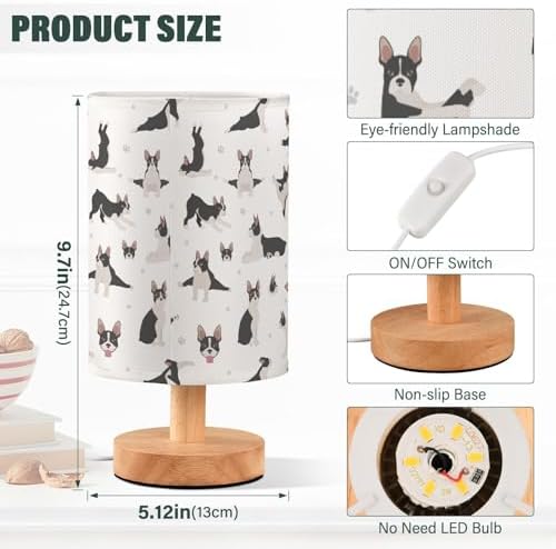 Table Lamp Boston Terrier Dog Do Yoga Pattern Nightstand Lamp with Wood Base Fabric Lamp Shade Bedside Desk Lamp for Living Room Bedroom Kids Room Office