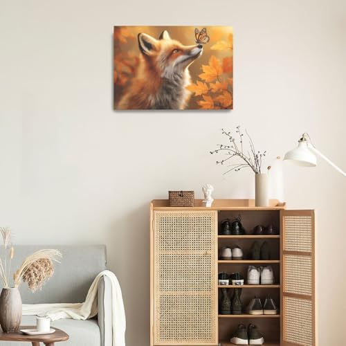 Fall Fox Decor Wall Art Autumn Pictures Maple Leaf Canvas Prints Painting Cute Fox Artwork Home Decoration for Bathroom Bedroom Living Room Framed Gifts 16"x24"