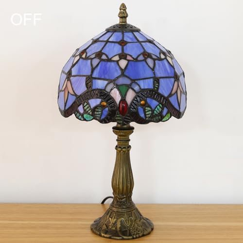 Tiffany Style Table Lamp, Blue Baroque Style Stained Glass Lamp, 8 Inch Small Antique Lamp, for Bedside Nightstand Bedroom Living Room Home Office, Include LED Bulb