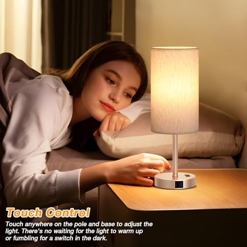 Dicoool 17.4" Bedside Lamp for Bedroom - Dimmable Touch, USB A+C, AC Outlet