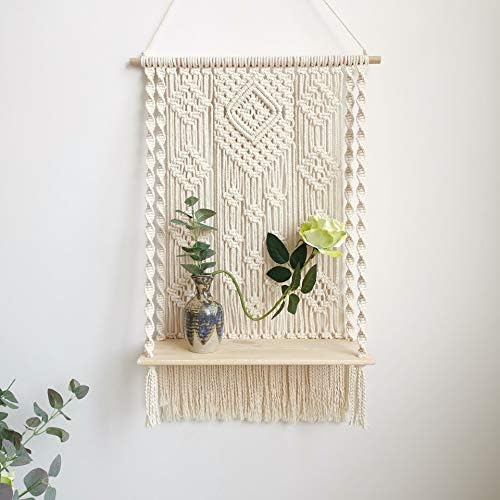 Macrame Wall Hanging Shelf, Boho Decorative Floating Plants Swing Hanging Shelf Wooden Storage Hanger, Handmade Cotton Rope Woven Home Wall Decor