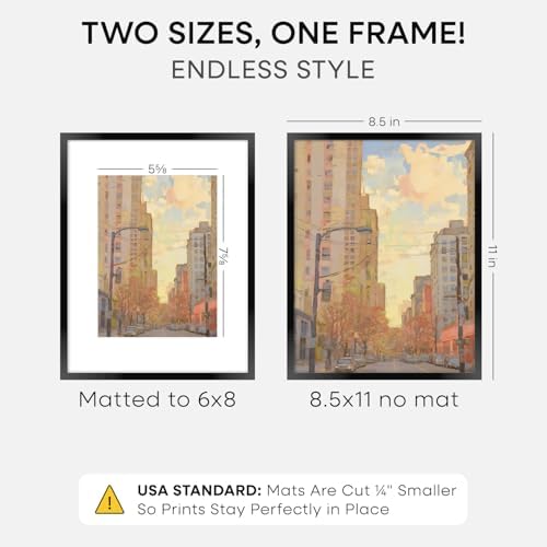 Homeforia 8.5x11 Black Picture Frame, High-End Metal, 6x8 Mat, Glass