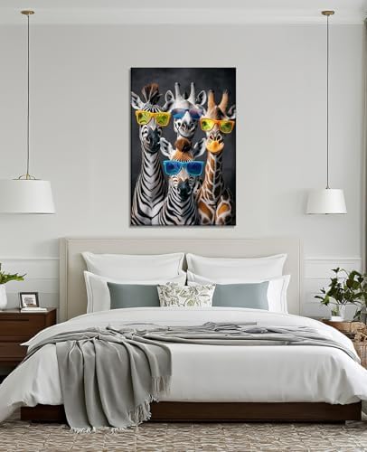 Zebra Canvas Wall Art Funny Zebras with Glasses Picture Black Poster Animal Painting Modern Prints Living Room Bedroom Home Office Decor Framed(12.00"x18.00")