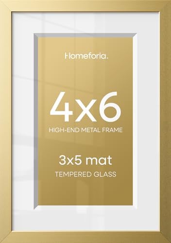 Homeforia 4x6 Gold Picture Frame, High-End Metal, 3x5 Mat, Glass