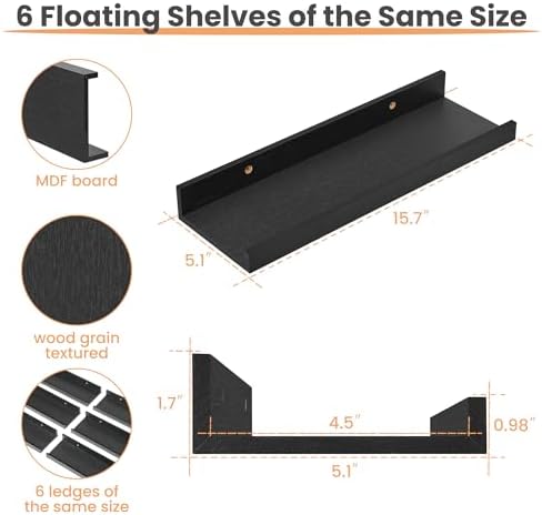 upsimples Floating Shelves for Wall, Wall Shelves for Decor Storage Set of 6, Wall Mounted Wood Shelf for Bedroom, Living Room, Bathroom, Kitchen, Picture Ledge Shelf, Black (Pack of 2)