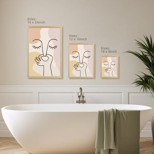 Cyebmo Boho Funny Bathroom Wall Art, Abstract Minimalist Face Line Art Wall Decor, Neutral Aesthetic Art Print, Modern Beige Poster Painting for Bedroom Living Room Wood Framed 8x10 Inch