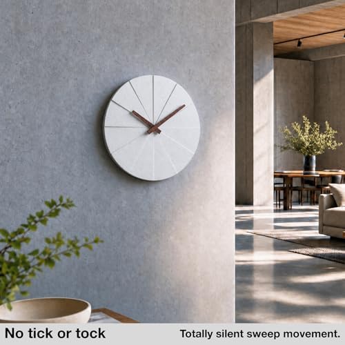 Driini Modern Wall Clock with No Numbers and Wooden Hands. White 12.5 Inch | Silent battery operated quartz; frameless oversized polyresin face; decorative minimalist style for a living room or office.