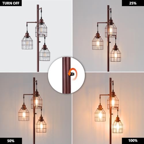 9MMML Floor Lamp for Living Room, Farmhouse Industrial Dimmable Floor lamp, 3 Lights Metal Cage Tree Standing Lamp,68", 3Pcs LED Bulbs Included