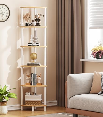 Corner Shelf, 6-Tier Corner Bookshelf, Industrial Corner Ladder Shelf, DIY Storage Shelves, Rustic Display Shelf for Living Room, Bedroom, Kitchen, Home Office, White and Nature Wood Color UJSJ004Q