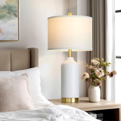 26“ White Ceramic Table Lamps for Living Room, Modern Ceramic Lamps Set of 2, Tall Bedside Lamp for Nightstand, Classic Farmhouse Bedroom Lamp for Desk Side End Table Home Decor
