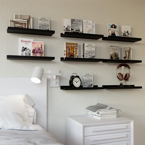 RICHER HOUSE 8-Set Floating Shelves with Lip, Black Wall Mounted Wood Shelf