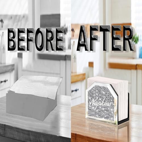 Wocred Mirror Napkin Holder,Crystal Crushed Diamond Vertical Holder,Cute Tissue Holder Holds Napkins Upright for Bathroom，Dining Table，Kitchen Table.(5.9”X5.9”X3”)