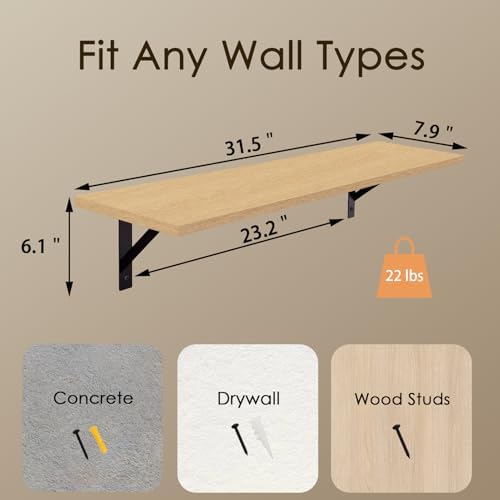 DINZI LVJ Long Wall Shelves, 31.5" Wall Mounted Shelves with Metal Brackets