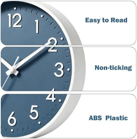 Mosewa 12 Inch Wall Clock Battery Operated Silent Non Ticking Analog | Azure Blue modern clock; oversized 3D easy-read dial for kitchen, bedroom & office; 1 AA battery (not included)