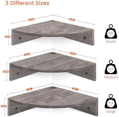 Homode Corner Floating Shelves, Set of 3 Corner Wall Shelves for Storage and Display, 3 Tier Wood Hanging Shelf Organizer for Cable Box, for Bedroom, Bathroom, Kitchen, Rustic Grey