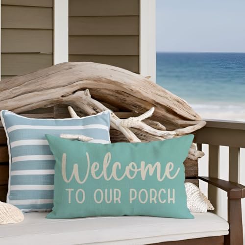 PANDICORN Throw Pillow Covers 12x20 Inch Welcome to Our Porch, Turquoise