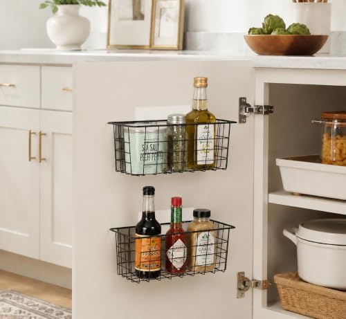 MaraFansie Hanging Kitchen Baskets, 2 Pack Wire Storage Basket Over Cabinet Door Organizer with Adhesive Hooks, No Drilling Pantry & Cabinet Organization for Kitchen Bathroom, Extra 2 Hooks, Black
