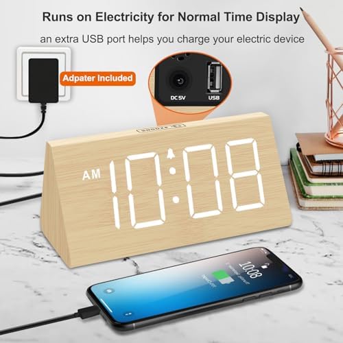 DreamSky Wooden Digital Alarm Clock for Bedrooms Desk with Large Numbers