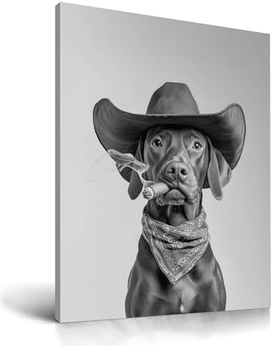 KensTro 12x16 Funny Vizsla Cowboy Bathroom Wall Art, Black and White | Black and White Vizsla Cowboy Canvas Wall Art with Humorous Animal Design for Bathroom, Powder Room or Guest Bath