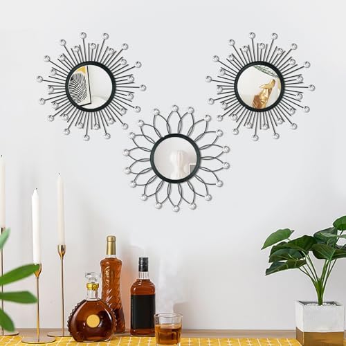 3 Pack Metal Mirrors for Wall Sunburst Wall Mirrors Home Décor Decorative Hanging Wall Art for Living Room Bedroom Entryway (Black Crystal, Flower+Sunburst)