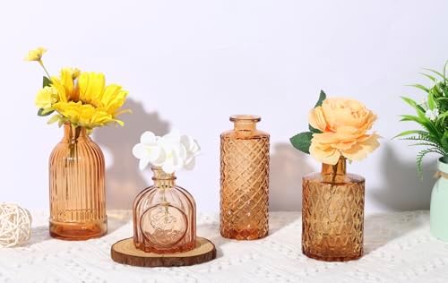 CUCUMI 12pcs Bud Vases for Centerpieces, Amber Gold Glass Vase Set | Small Vintage Vases for Centerpieces, Decorative Flower Vases for Wedding Home Table Decor