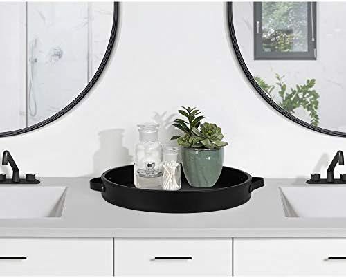 HofferRuffer PU Leather Round Serving Tray with Handles, Decorative Catchall Vanity Coffee Tray, Faux Leather Ottoman Tray for Home Or Office, Diameter 14.6-inch (Black)
