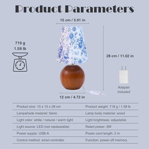 Vintage Wooden Night Lamp, Wood Base Fabric Lampshade, Adjustable Light Color and Brightness with Power-Off Memory, Safe USB Powered, Retro LED Table Light for Bedroom Living Room Office (BlueFlowers)
