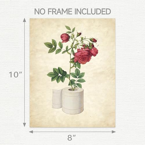 SWITHOM Funny Bathroom Wall Art, Vintage Botanical Red Rose Flower Art Print, 8x10 Inch Unframed Toilet Paper Poster, Shimmer Paper School Art for Restroom Guest Room Decor, Humor Housewarming Gift for Women & Friends