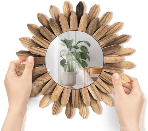 Eorbow Wall Mirror Decorative, 12 inch Small Rustic Wood Boho Mirrors, Clear Sunburst Mirrors for Home Farmhouse Bedroom Entryway Decor House Warming Gifts New Home, No Distortion